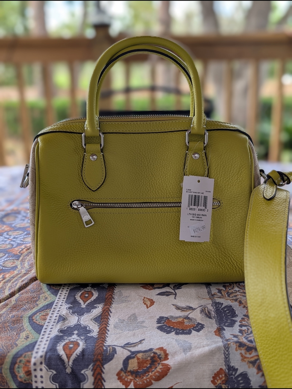 Coach Pebbled Leather Satchel in Chartreuse and Tan Trim - Picture 3 of 5